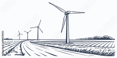 wind turbines in a field with rows of crops Vector