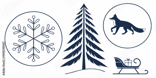 winter icons with snowflake, tree, wolf, and sled Vector