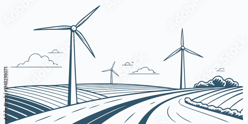 wind turbines on a farm with fields and mountains Vector