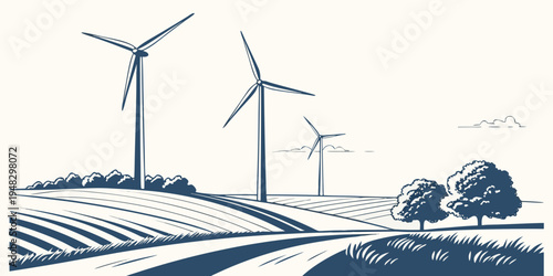 wind turbines on a farm with trees and fields Vector