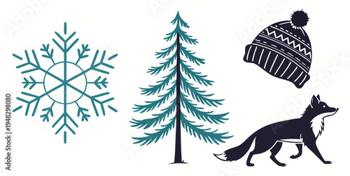 a snowflake, pine tree, arctic fox, and knit hat on a white background Vector