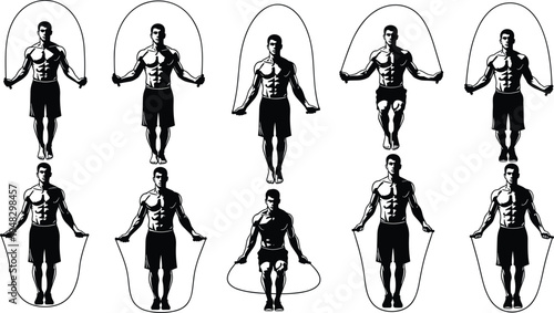 Jump Rope Workout Silhouette Set with Athletic Man Skipping Rope in Different Positions Fitness Training Cardio Exercise Vector Collection for Sports and Healthy Lifestyle Design