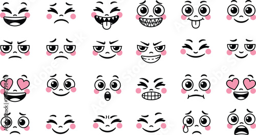 Cartoon faces showing happiness, sadness, anger, love, and surprise symbolizing emotional expression and character design