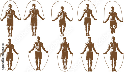 Jump Rope Exercise Silhouette Set with Athletic Man Skipping Rope in Different Positions Fitness Training Workout Vector Collection for Sports and Healthy Lifestyle Design