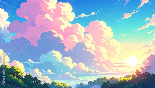 Anime-styled skyscape features massive pink clouds meeting a light blue horizon over lush green trees and a glowing sun