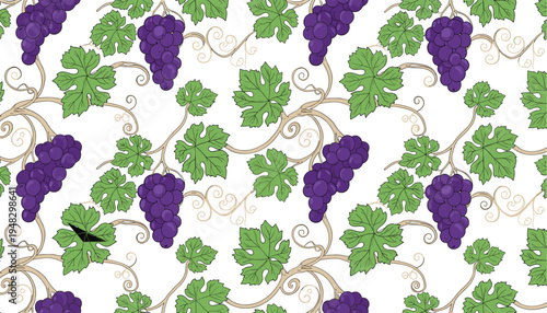 Cartoon grapevine seamless pattern with purple grapes, green leaves, and decorative swirls design