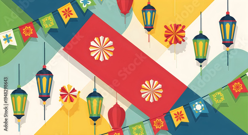A festive string of colorful glowing paper lanterns against a soft gradient blue and orange background