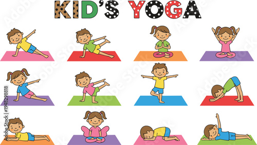 Cartoon kids yoga poses collection with colorful mats, playful letters, and mindfulness exercise design