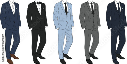 Cartoon men’s suit collection with tuxedo, formal wear, bow tie, and stylish business attire designs