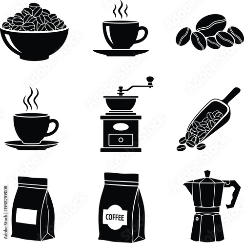 Black coffee icons set including coffee beans, cups, grinder, bags and espresso maker, coffee icons set including coffee beans, cups, grinder, bags and espresso maker