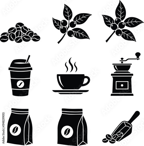 coffee beans, leaves, cup, coffee maker, bags, scoop, coffee icons set, coffee beans, leaves, cup, coffee maker, bags, scoop