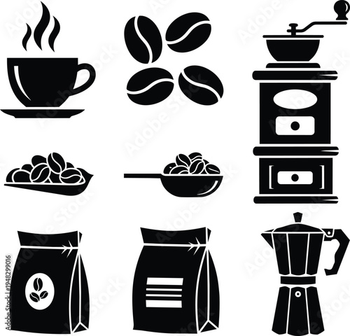 coffee icons set including cup, beans, grinder, bags and pot, coffee icons set including cup, beans, grinder, bags and pot