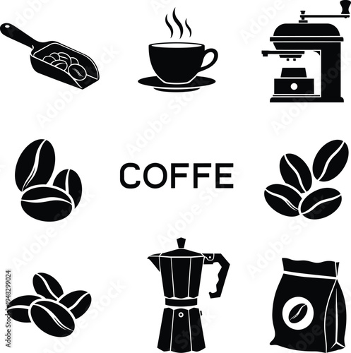 coffee icons set with coffee beans cup and brewer coffe