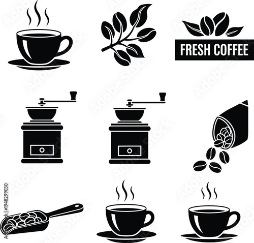 coffee cup, coffee beans, coffee grinder, fresh coffee, coffee icons, coffee symbols, coffee signs, coffee cups, coffee bean bags, coffee grinders, coffee cutlery