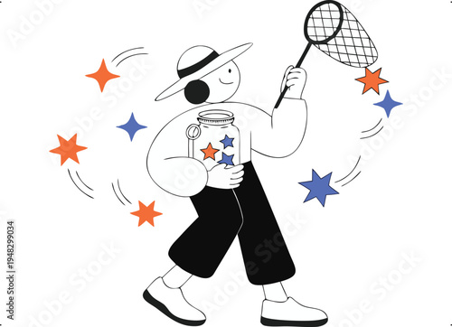 Whimsical Person Catching Colorful Stars with Net and Jar Illustration isolated on transparent background