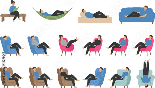 Cartoon people relaxing on furniture including sofa, bed, hammock, bench, and armchair designs