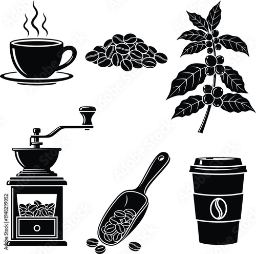 coffee cup, coffee beans, coffee plant, coffee grinder, coffee scoop, take away coffee cup, coffee icons, coffee symbols, coffee signs, coffee collection, coffee set