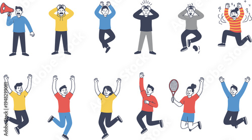 Cartoon people showing stress, anxiety, panic, joy, and celebration symbolizing emotional reactions and psychological expression design