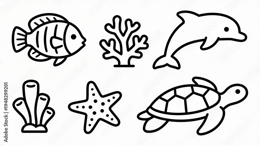 Obraz premium Clean marine-themed icon collection featuring fish, turtle, dolphin, coral, and starfish elements for nature and education projects.