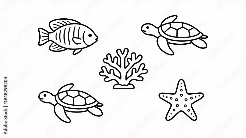 Obraz premium Marine wildlife collection showing sea creatures and reef elements for ocean conservation, education, and environmental projects.
