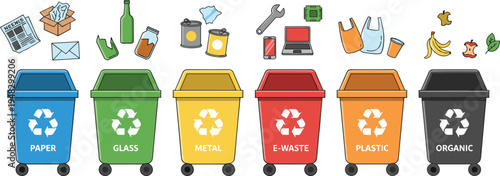 Cartoon recycling bins for paper, glass, metal, e‑waste, plastic, and organic waste symbolizing sustainability and eco design