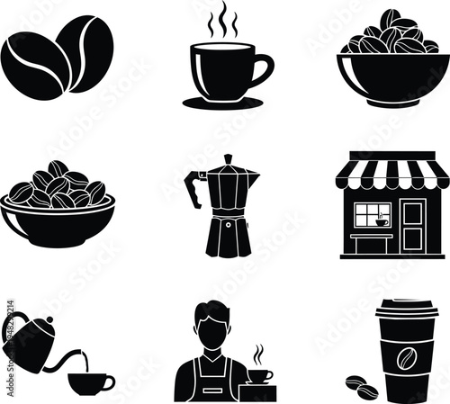 Black coffee icons set including beans cup shop and brewer