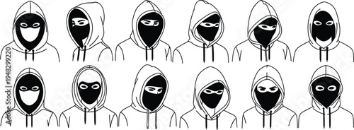 Masked Hacker Avatar Line Icon Set with Hooded Anonymous Characters for Cybersecurity Threat Concepts, Cybercrime Illustrations, Internet Privacy, and Digital Security Design