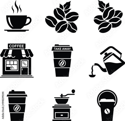 Black coffee icons set including cup, beans, shop, take away, kettle, coffee grinder, coffee cup, coffee beans, coffee shop, coffee icons