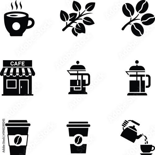 coffee shop icons set with cups beans and brewers coffee shop icons set with cups beans and brewers
