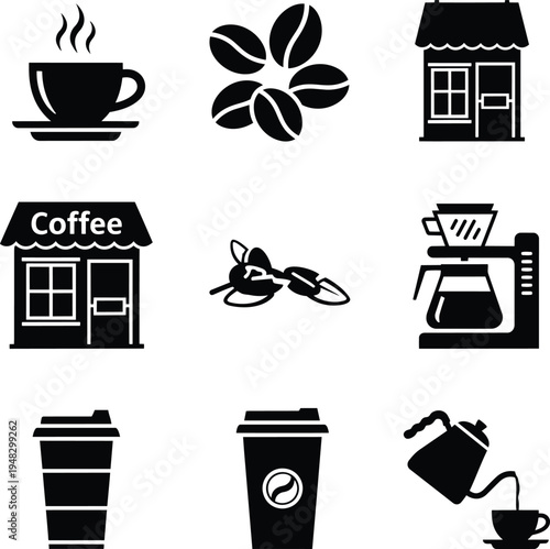 Black coffee icons including cups, beans, shops, and brewers, coffee Black coffee icons including cups, beans, shops, and brewers