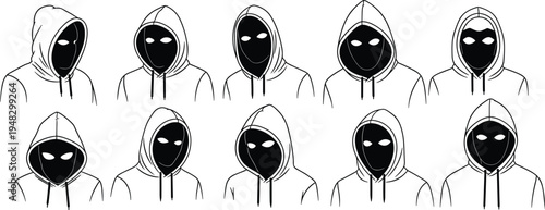 Anonymous Hacker Avatar Line Icon Set with Hooded Masked Faces for Cybersecurity Threat Concepts, Cybercrime Illustrations, Internet Privacy Protection, and Digital Security Design