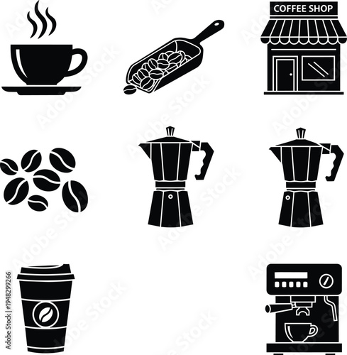 coffee shop icons with coffee cups and beans coffee shop icons with coffee cups and beans