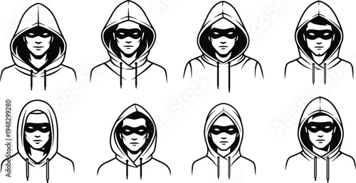 Hacker Avatar Line Icon Set with Hooded Anonymous Characters and Masked Faces for Cybersecurity, Cybercrime Concepts, Internet Security Design, and Digital Threat Illustrations