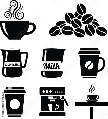 Coffee icons including cup, beans, machine, and takeout, coffee icons, coffee cup, coffee beans, coffee machine, coffee takeout, bareista, milk