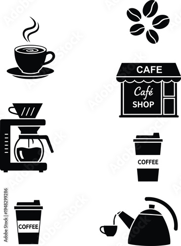 coffee shop icons with coffee cup, coffee beans and coffee maker, cafe sign and coffee pot, coffee shop menu, coffee culture symbols