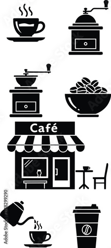 Black and white cafe icons including coffee cup, coffee beans, and cafe shop, coffee related objects and drinks, coffee culture symbols