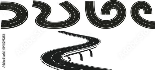 Cartoon road curves and highway overpass symbolizing transportation, infrastructure, and urban planning design