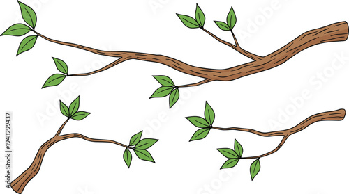 Cartoon tree branches with green leaves symbolizing nature, botany, and plant anatomy design