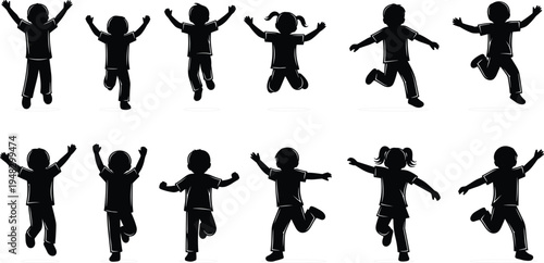 Kids Jumping Silhouette Set with Happy Children Playing and Running Poses Black Vector Collection for Childhood Activities, School Designs, Education Graphics, and Family Themes