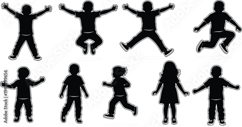 Children Silhouette Set with Kids Jumping Running and Standing Poses Black Vector Collection for Childhood Activities, Playful Kids Design, Education Graphics, and Family Themes