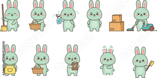 Cartoon vector illustration of green bunny character performing household chores and tasks in multiple poses