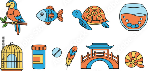 Cartoon vector illustration of parrot, fish, turtle, birdcage, medicine, feather, bridge, and seashell for pet and nature design projects
