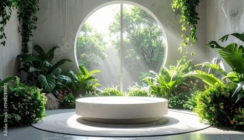 Serene Zen Interior with Round Platform and Natural Light Streaming Through a Circular Window.