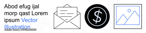 Communication, finance, email, digital marketing, payment systems, graphic media. A mail envelope, dollar icon and image in linear style. Communication and finance symbols for usability
