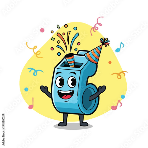 Cartoon blue party popper celebrating.