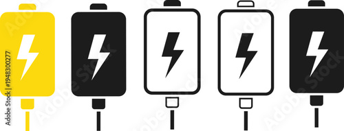 Battery charge level icons set with lightning bolt, power energy vector illustration for user interface design, flat vector illustration