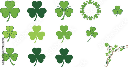 Festive vector illustration of shamrocks and clovers in multiple styles for St. Patrick’s Day and Irish culture designs