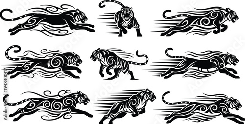 Stylized Running Tiger Vector Illustration Set with Tribal Flame Patterns and Dynamic Motion Lines, Powerful Wild Animal Mascot Design Collection