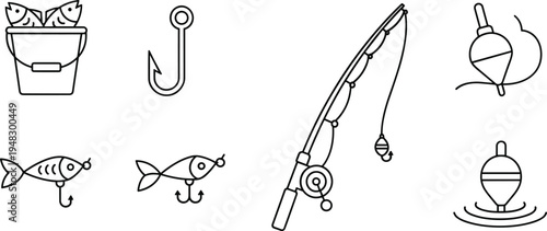 Fishing Equipment Line Icon Vector Set with Fishing Rod, Hook, Float, Lure, Bait Bucket and Angling Tools Outline Symbols