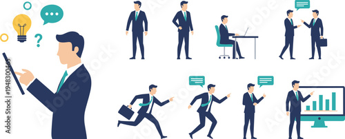 Flat vector illustration set of a professional businessman in various poses including working at desk, running, giving presentation, brainstorming with lightbulb idea